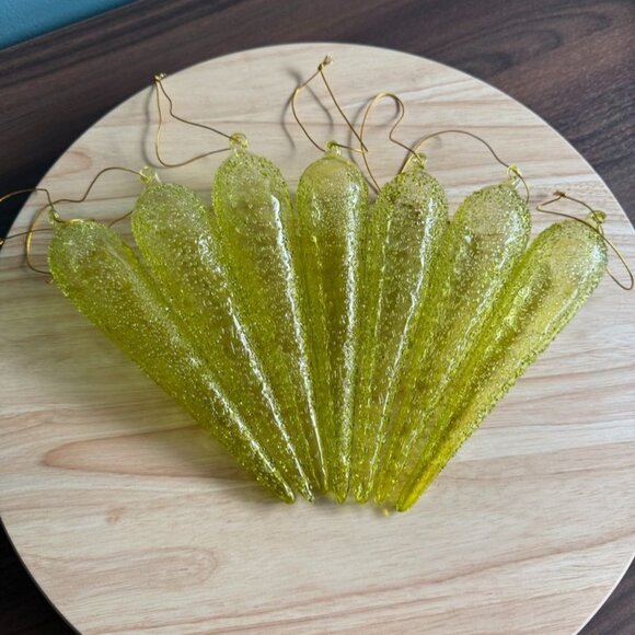 7 Vintage Hand Blown Tear Drop Icicles Sugared Green Celadon 8" Long - Picture 1 of 9